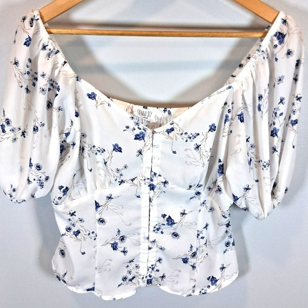 Sienna Sky Blue White Floral Milkmaid Top Large Boho Corset Puff Sleeve Coquette - Picture 2 of 10